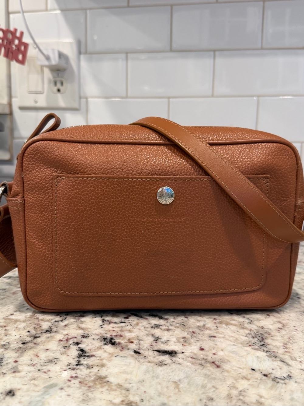 Longchamp Tan Pebbled Leather Messenger Bag